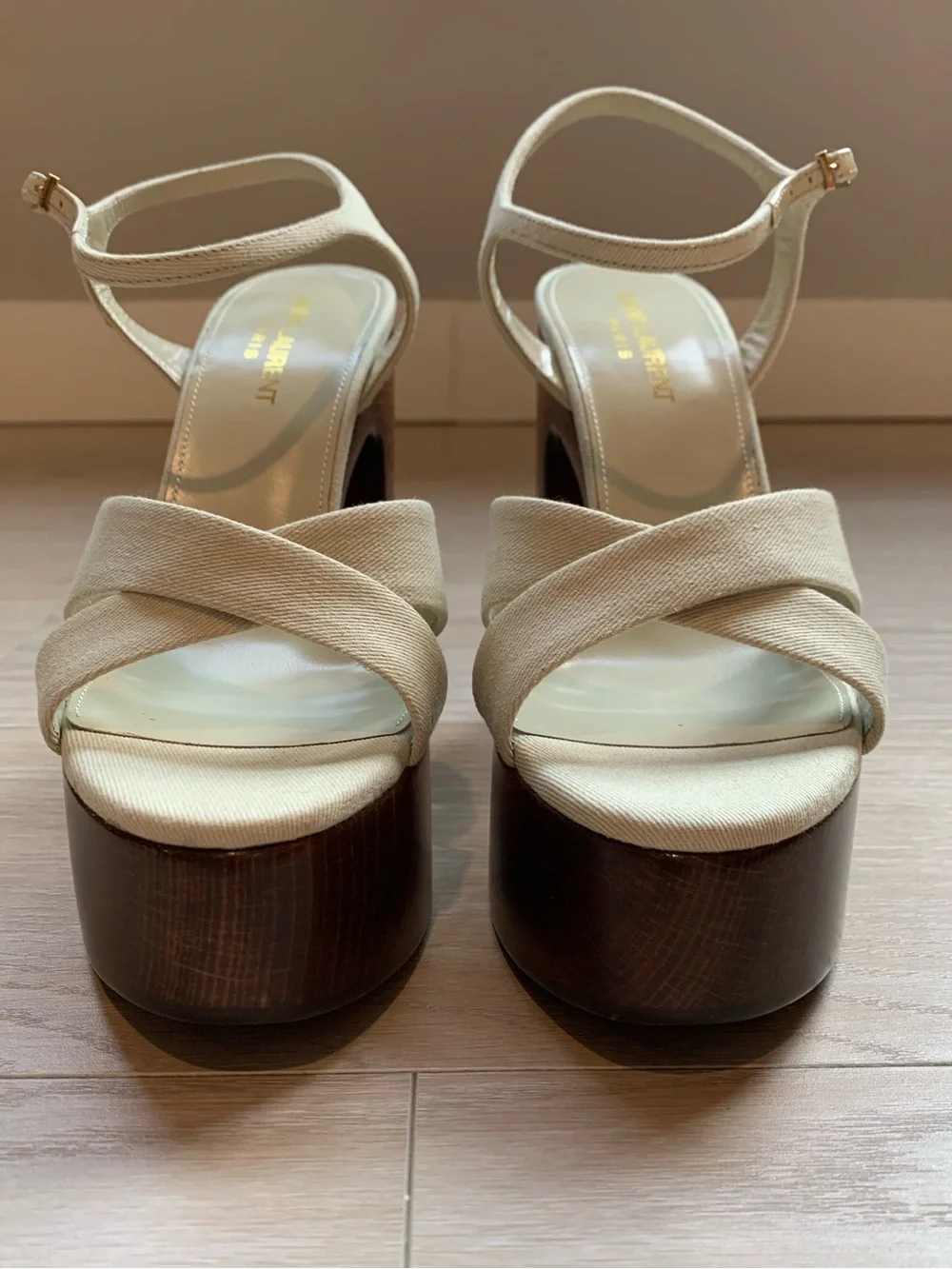 Saint Laurent Bianca Beige Canvas and Wood Platform Sandal NWT Size 37.5 IT - Picture 5 of 13